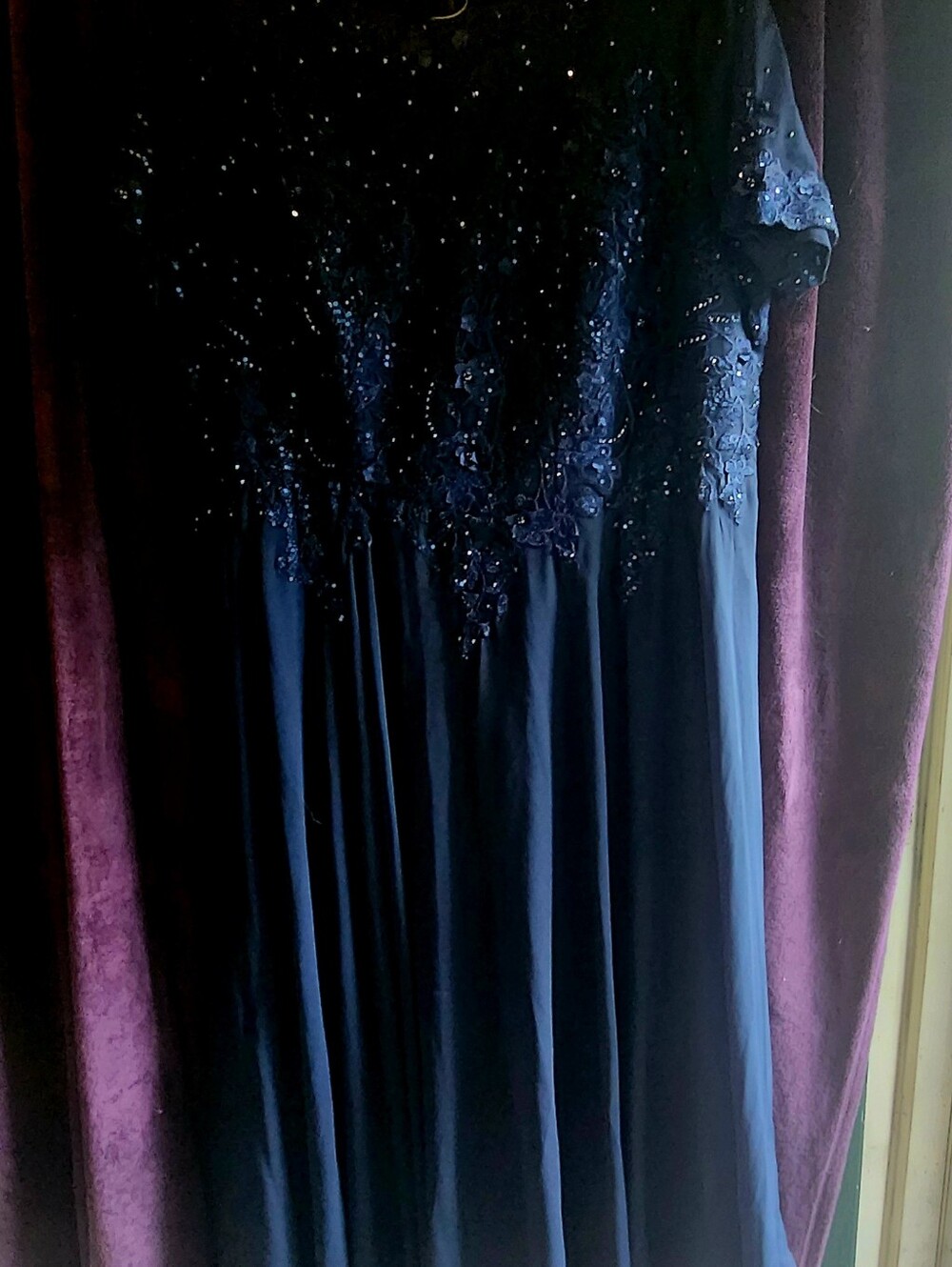 XSCAPE Women's Blue Lace Beaded Sequin Short Sleeve Long Gown Plus 20W
